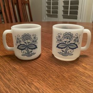 Vintage Glasbake milk glass mugs in Blue Onion pattern.  This is for 2